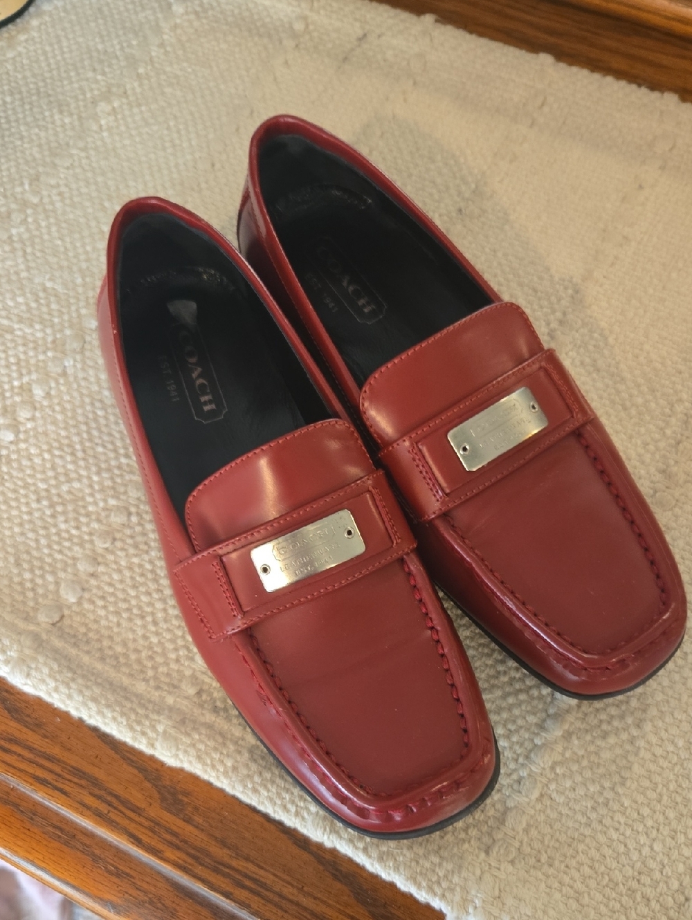 Coach Womens Burgundy Leather Slip-On Loafers with Metal Plate